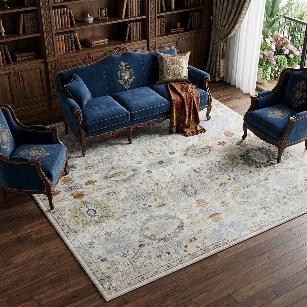 Ivory Red and Blue Floral Cotton Power Loom Area Rug, 7′ × 10′