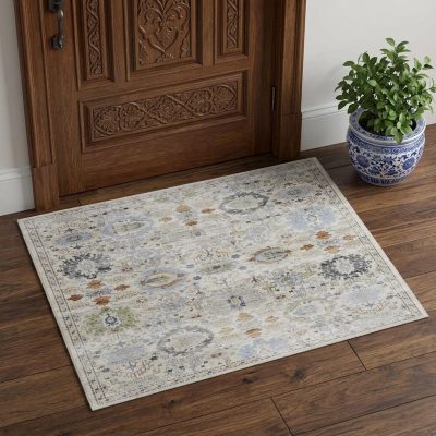 Ivory Red and Blue Floral Cotton Power Loom Area Rug