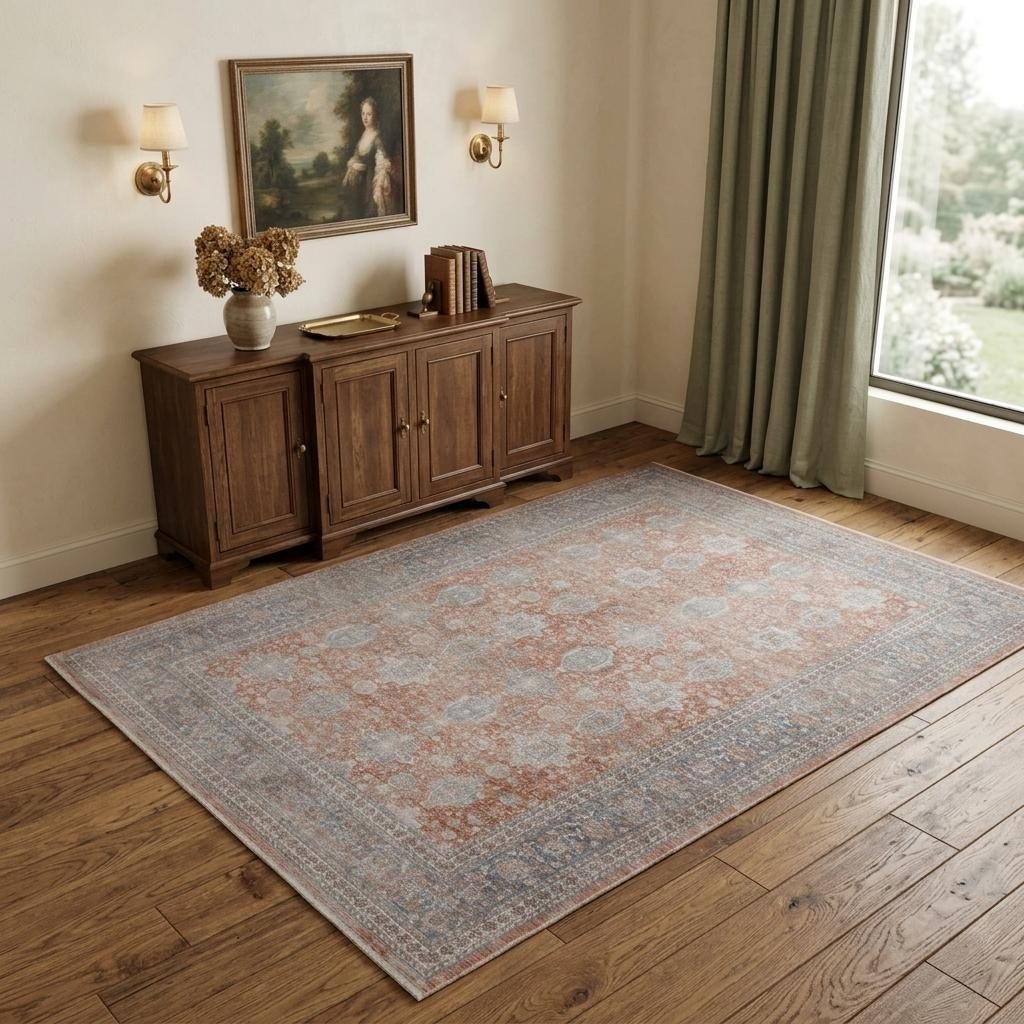 Blue and Red Oriental Power Loom Worn Faded Area Rug, 4′ × 5′
