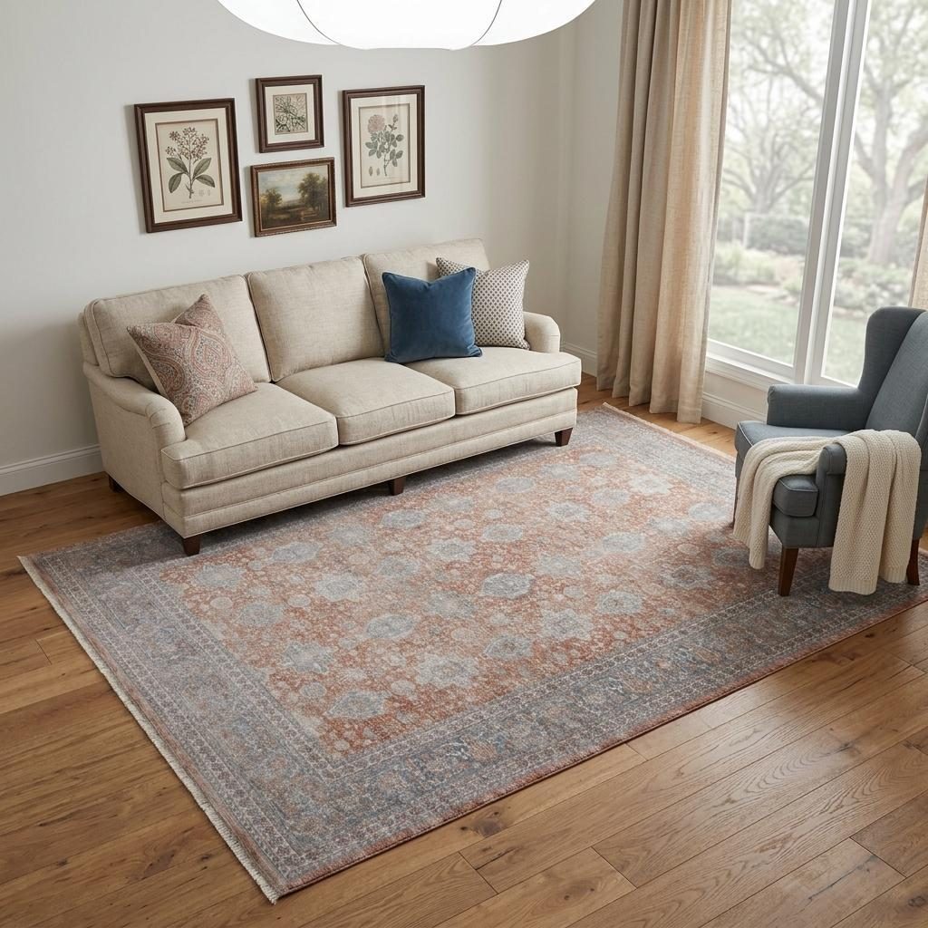 Blue and Red Oriental Power Loom Worn Faded Area Rug, 5′ × 7′