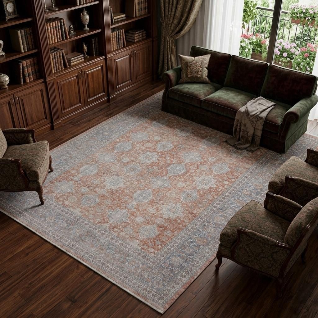 Blue and Red Oriental Power Loom Worn Faded Area Rug, 7′ × 10′