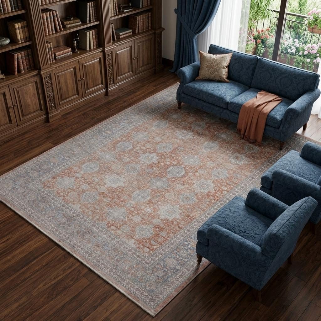 Blue and Red Oriental Power Loom Worn Faded Area Rug, 8′ × 10′