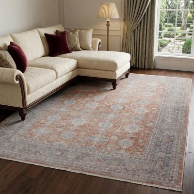 Blue and Red Oriental Power Loom Worn Faded Area Rug