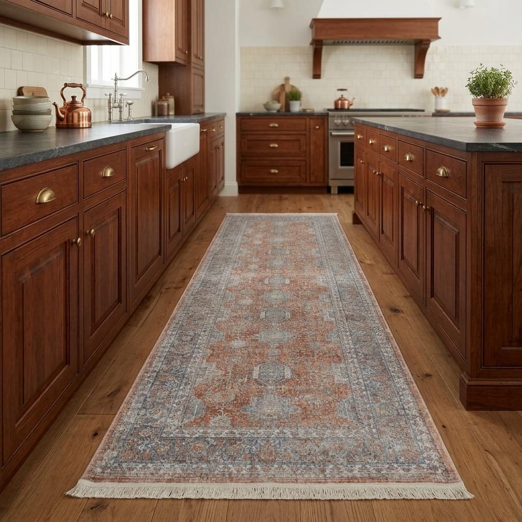 Blue and Red Oriental Power Loom Worn Faded Area Rug, 8′ Runner
