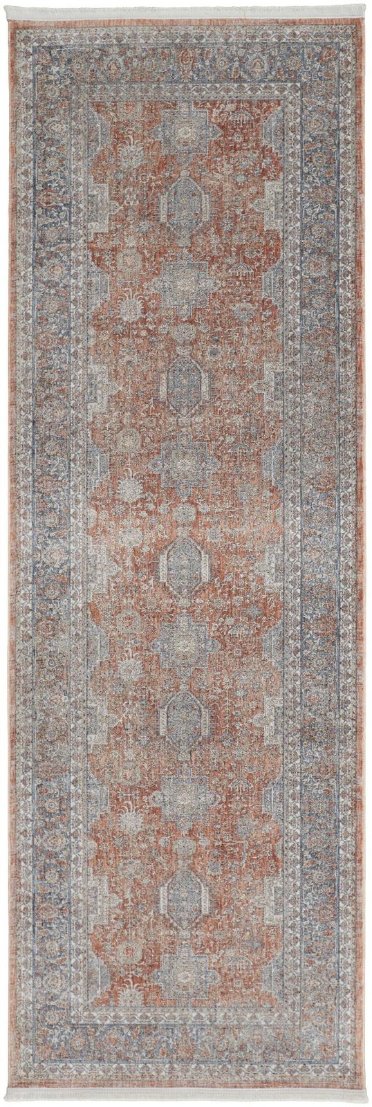 Blue and Red Oriental Power Loom Worn Faded Area Rug