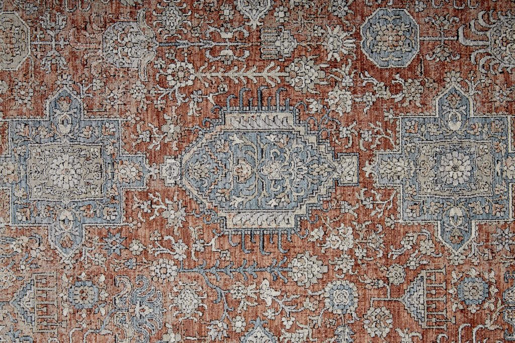Blue and Red Oriental Power Loom Worn Faded Area Rug