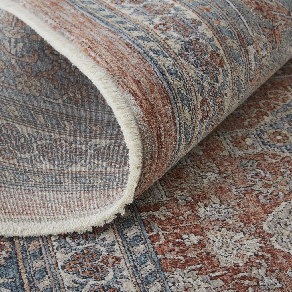 Blue and Red Oriental Power Loom Worn Faded Area Rug