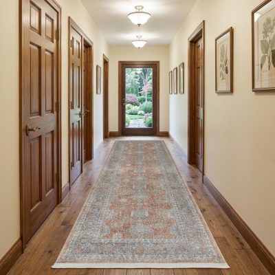 Blue and Red Oriental Power Loom Worn Faded Area Rug