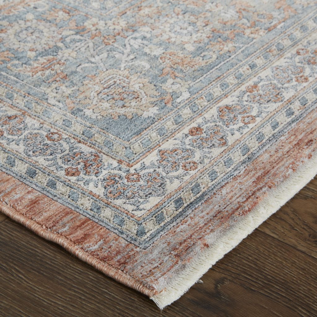 Blue and Red Oriental Power Loom Worn Faded Area Rug