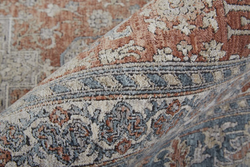 Blue and Red Oriental Power Loom Worn Faded Area Rug