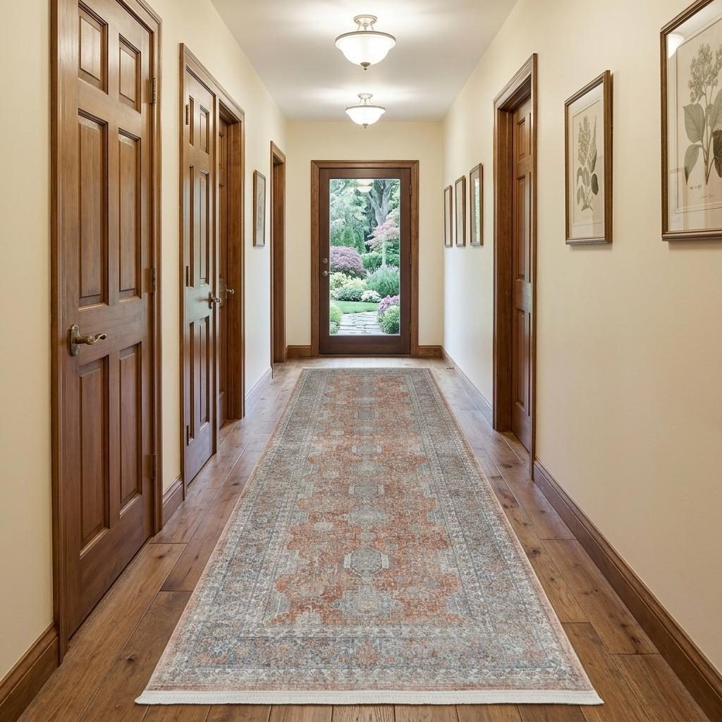 Blue and Red Oriental Power Loom Worn Faded Area Rug