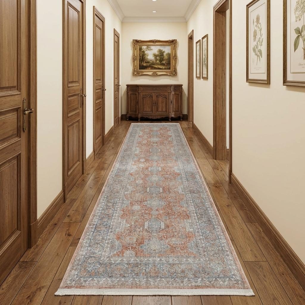 Blue and Red Oriental Power Loom Worn Faded Area Rug, 12′ Runner
