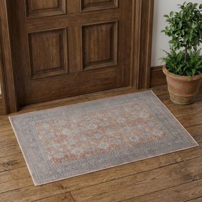 Blue and Red Oriental Power Loom Worn Faded Area Rug