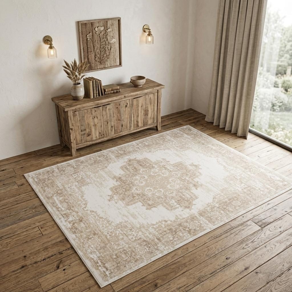Ivory Floral Polypropylene Power Loom Area Rug, 4′ × 6′