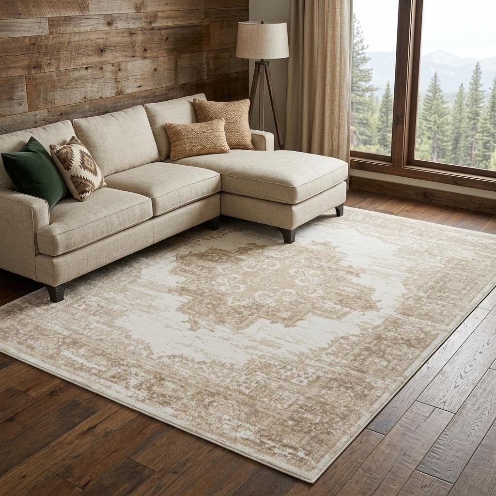 Ivory Floral Polypropylene Power Loom Area Rug, 6′ × 9′