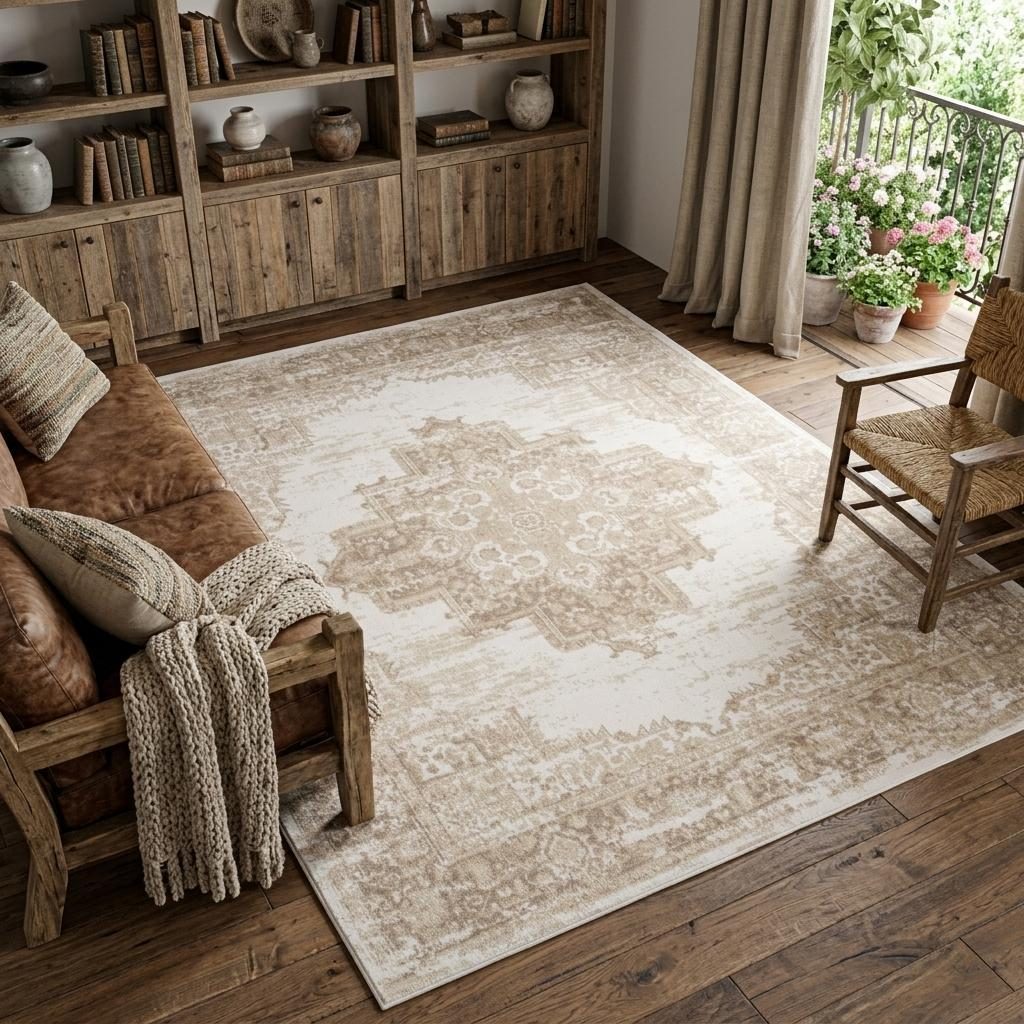 Ivory Floral Polypropylene Power Loom Area Rug, 7′ × 10′