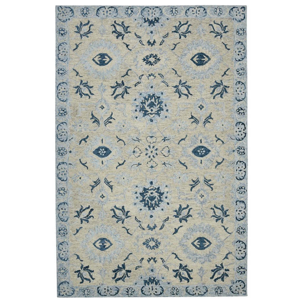 Gray Dark Blue Light Blue Wool Floral Medallion Area Rug