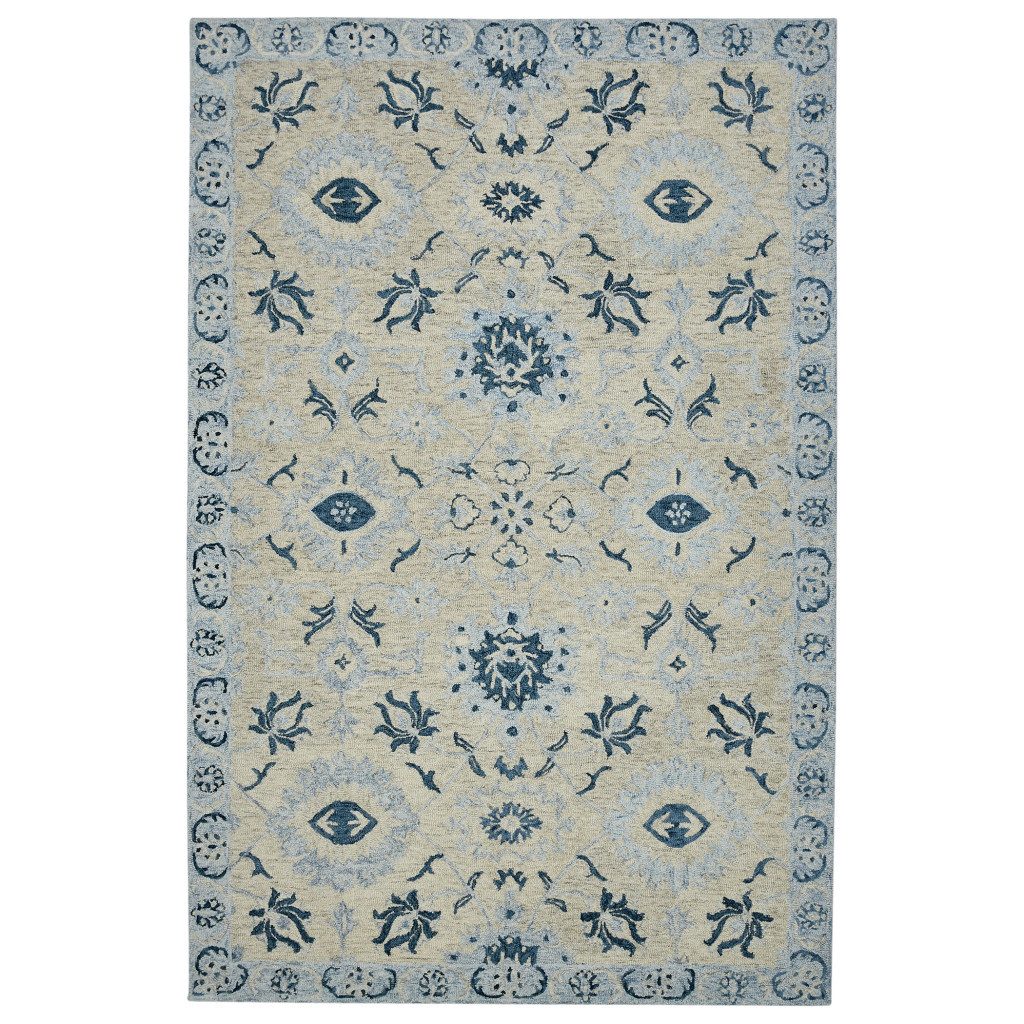 Gray Dark Blue Light Blue Wool Floral Medallion Area Rug