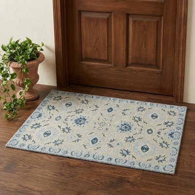 Gray Dark Blue Light Blue Wool Floral Medallion Area Rug