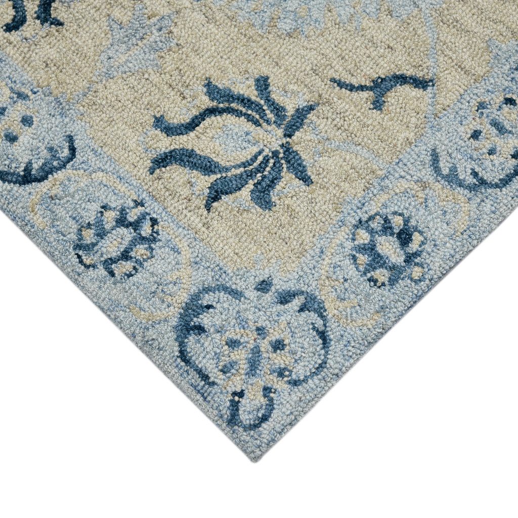 Gray Dark Blue Light Blue Wool Floral Medallion Area Rug