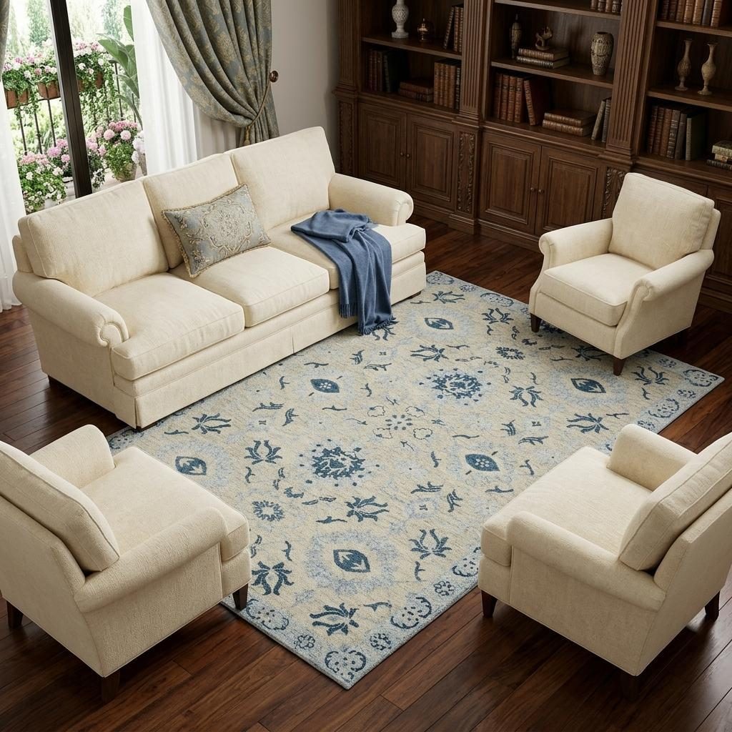 Gray Dark Blue Light Blue Wool Floral Medallion Area Rug, 8′ × 10′