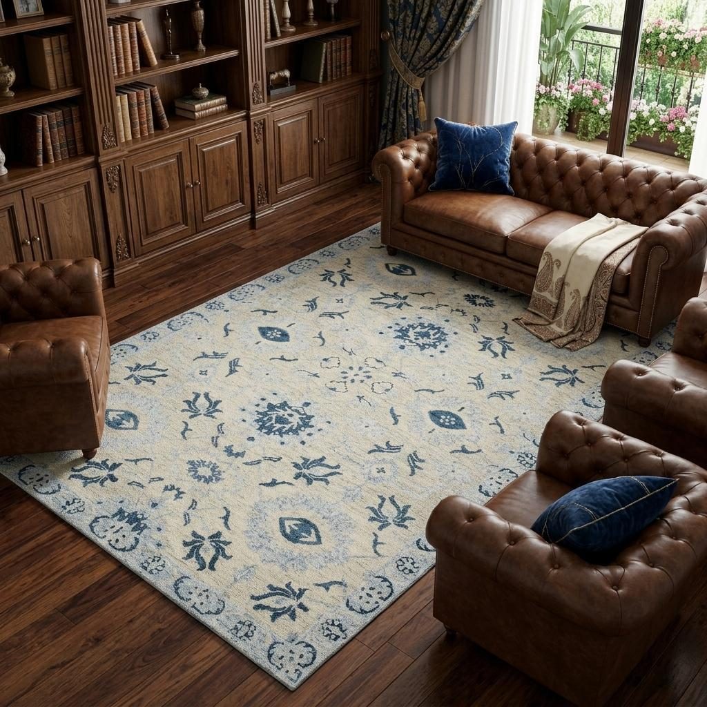 Gray Dark Blue Light Blue Wool Floral Medallion Area Rug, 9′ × 13′