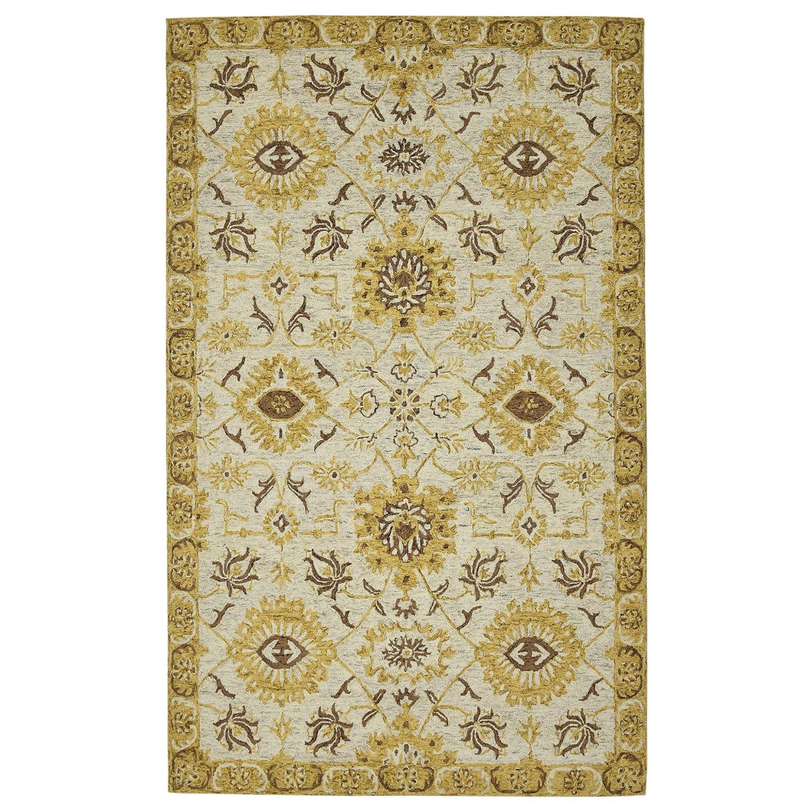 Gold Beige Brown Wool Floral Medallion Hand Hooked Area Rug