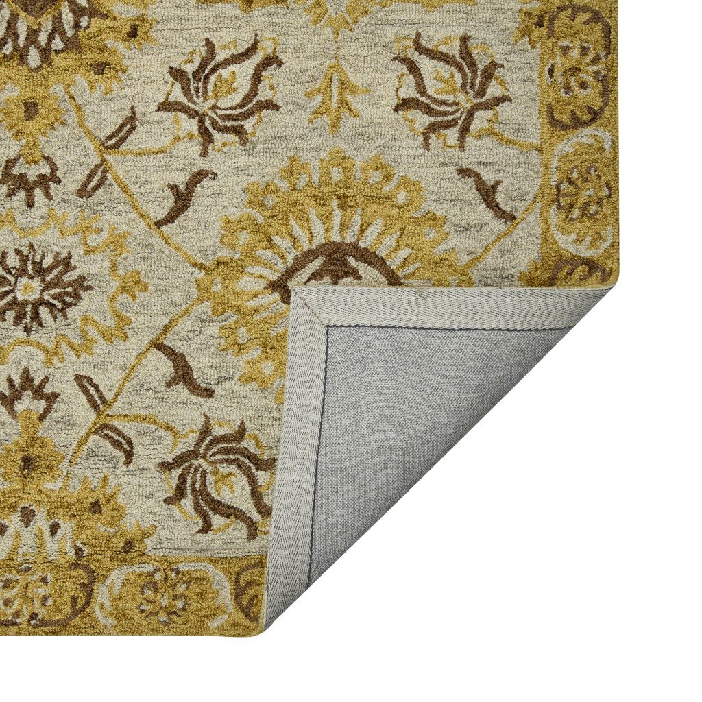 Gold Beige Brown Wool Floral Medallion Hand Hooked Area Rug
