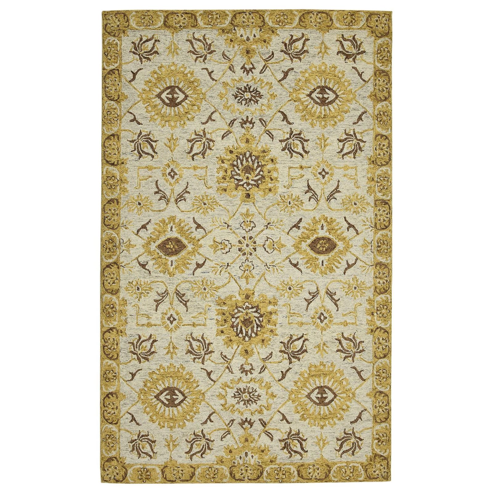 Gold Beige Brown Wool Floral Medallion Hand Hooked Area Rug