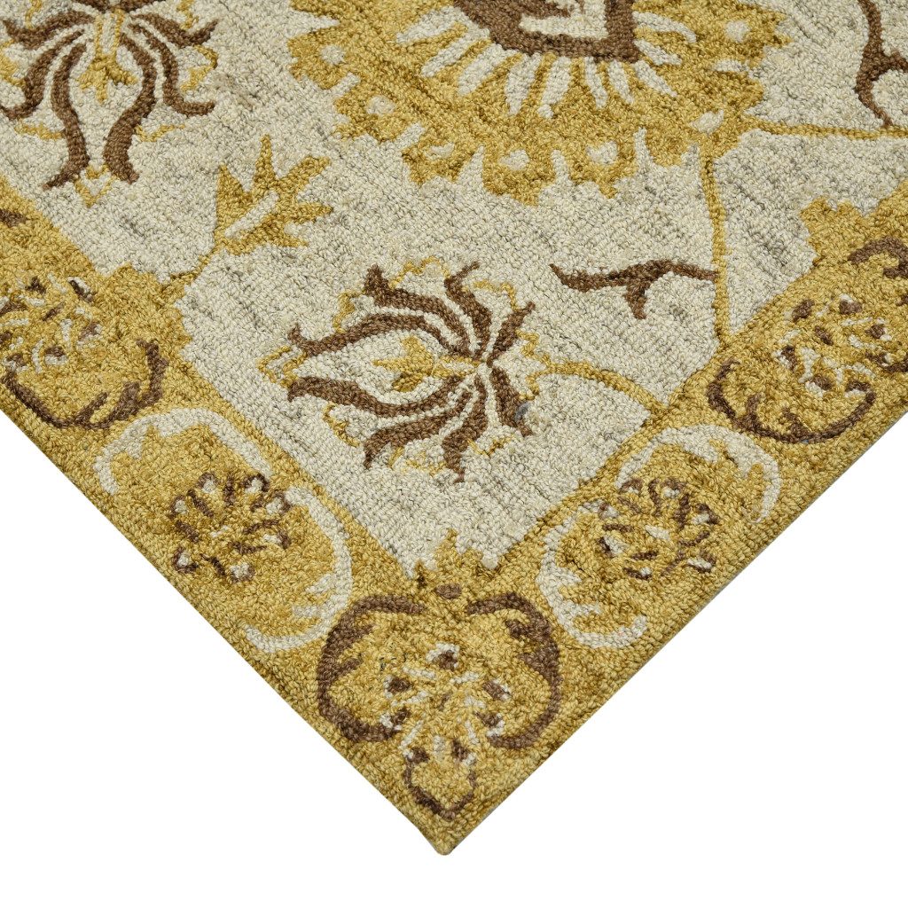 Gold Beige Brown Wool Floral Medallion Hand Hooked Area Rug
