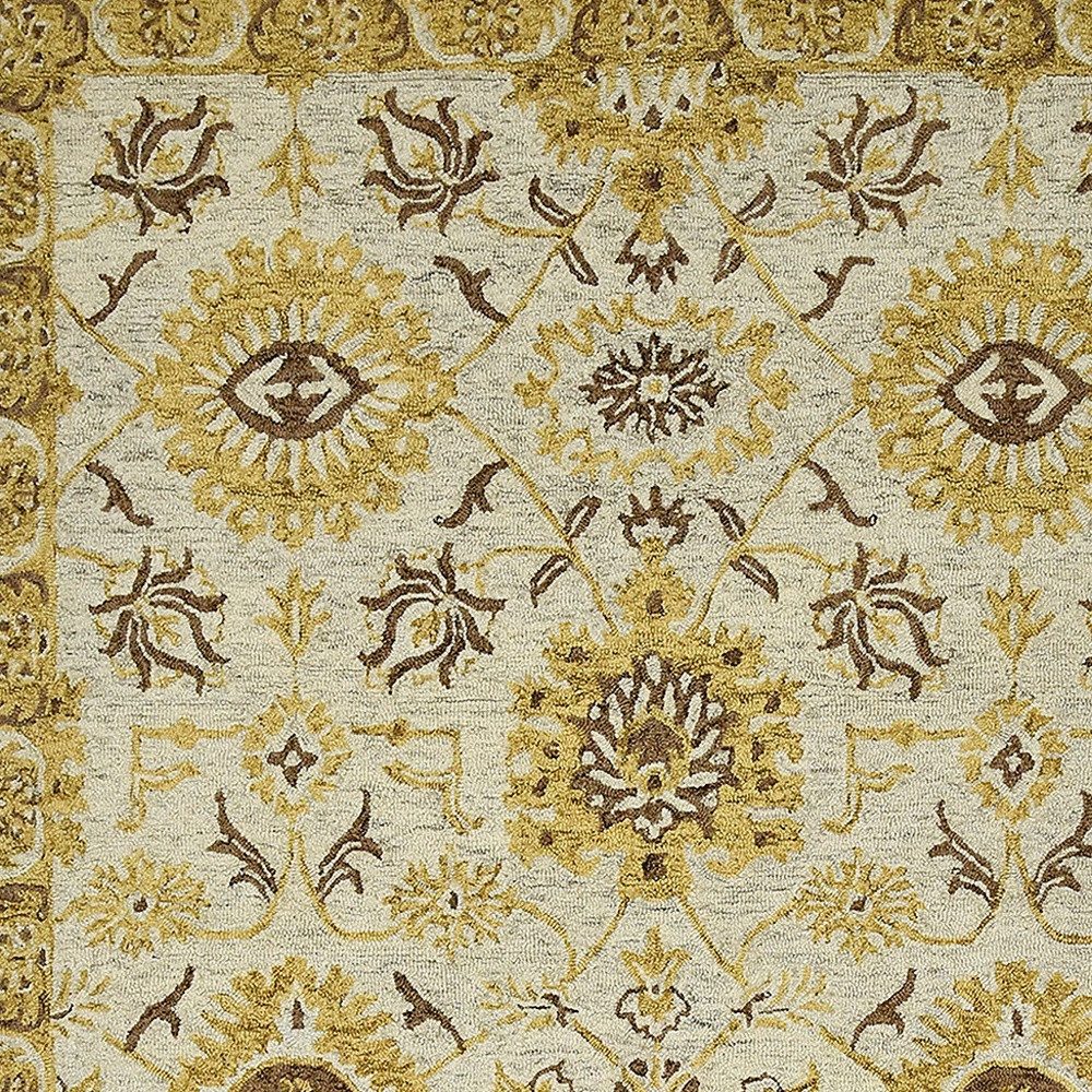 Gold Beige Brown Wool Floral Medallion Hand Hooked Area Rug