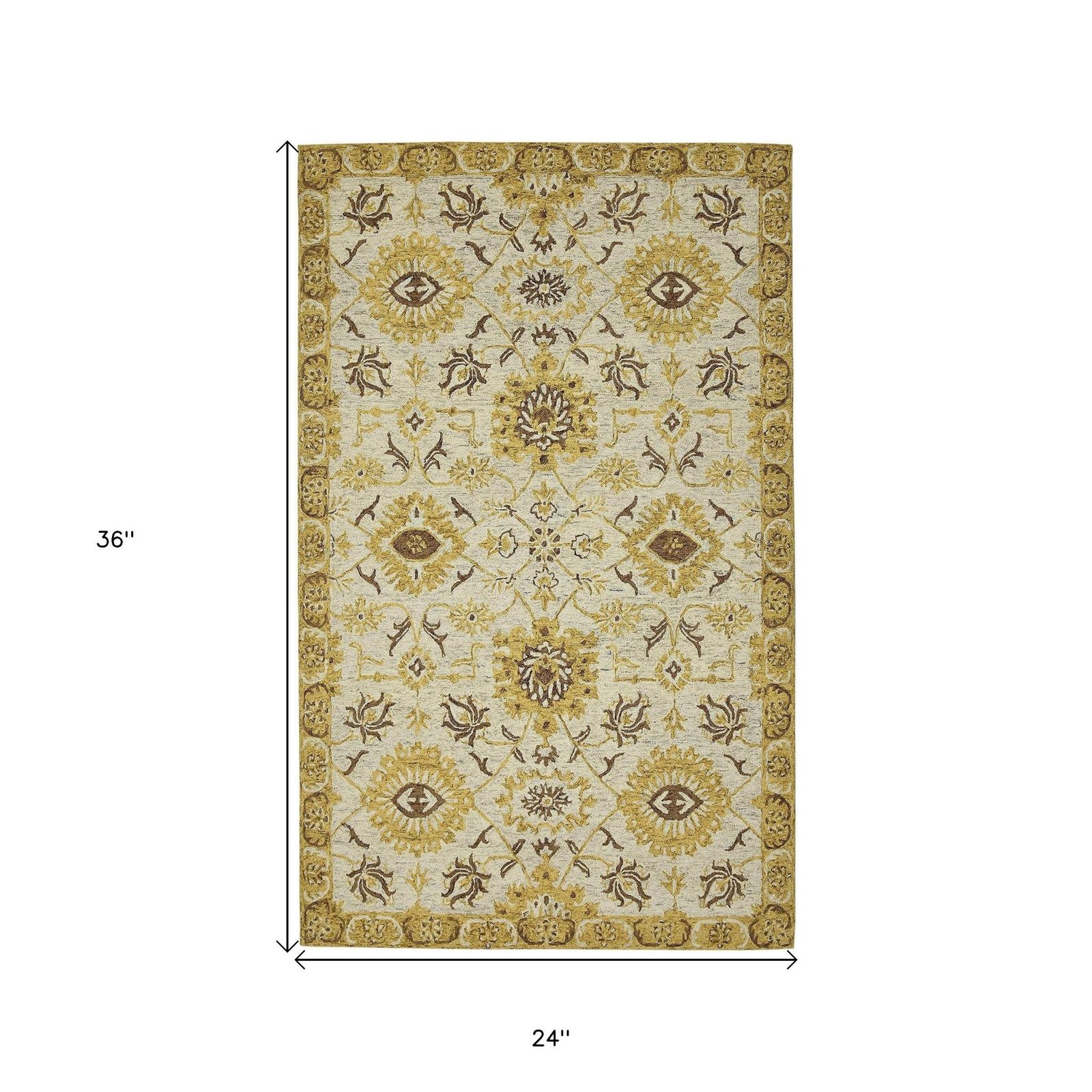 Gold Beige Brown Wool Floral Medallion Hand Hooked Area Rug