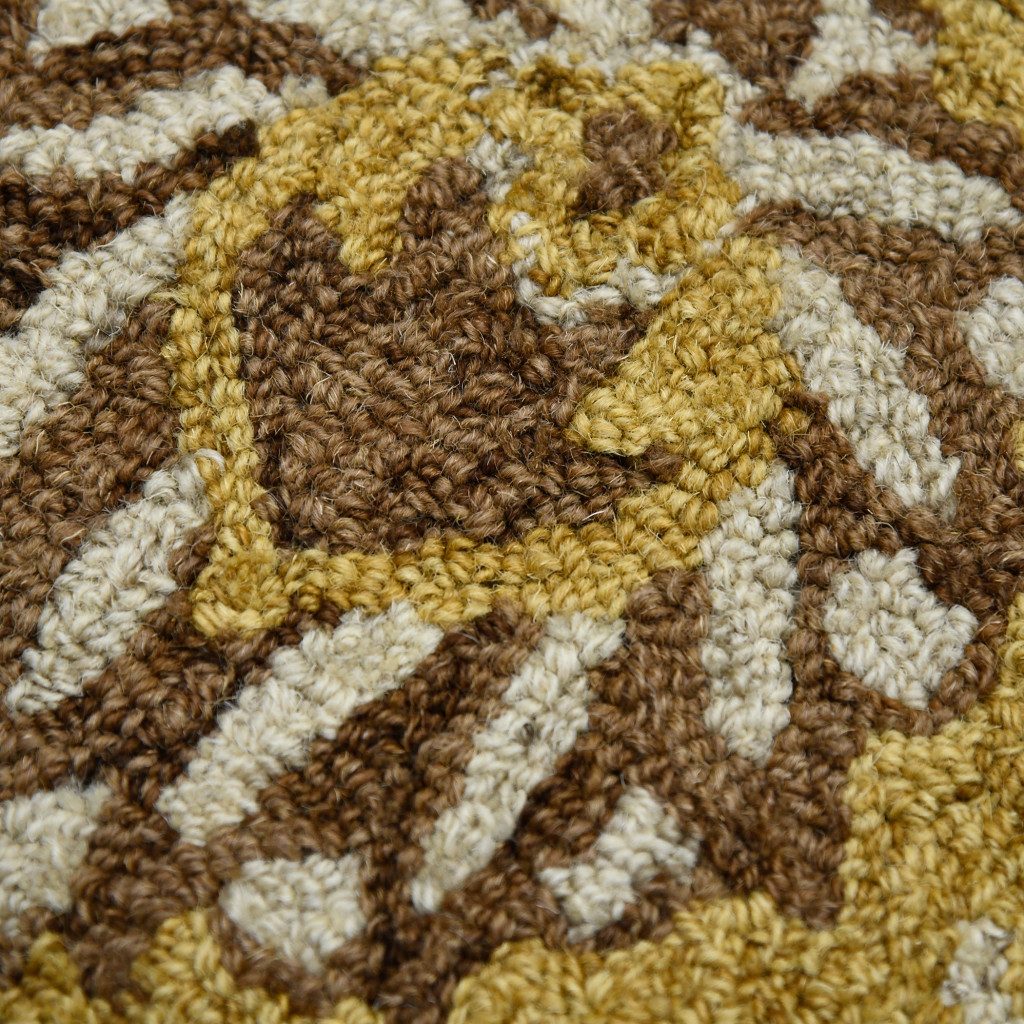 Gold Beige Brown Wool Floral Medallion Hand Hooked Area Rug