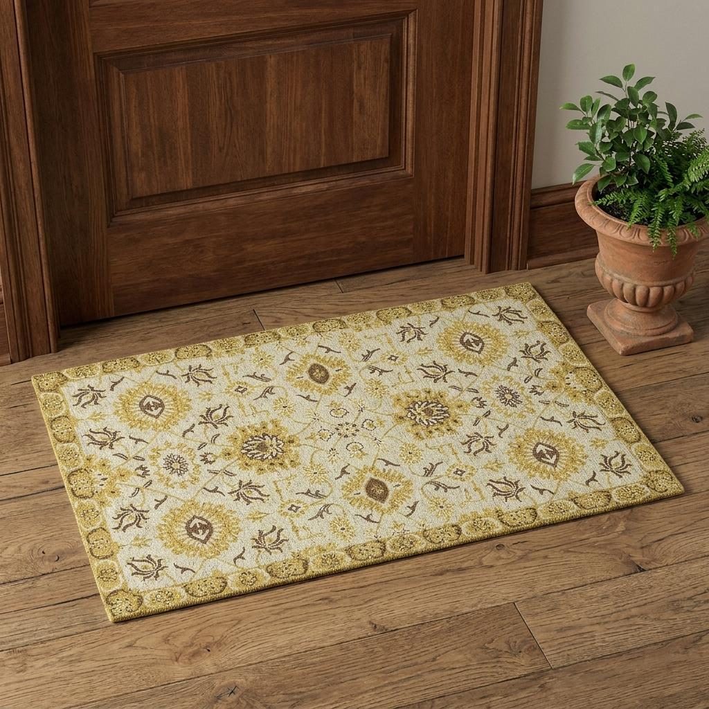 Gold Beige Brown Wool Floral Medallion Hand Hooked Area Rug