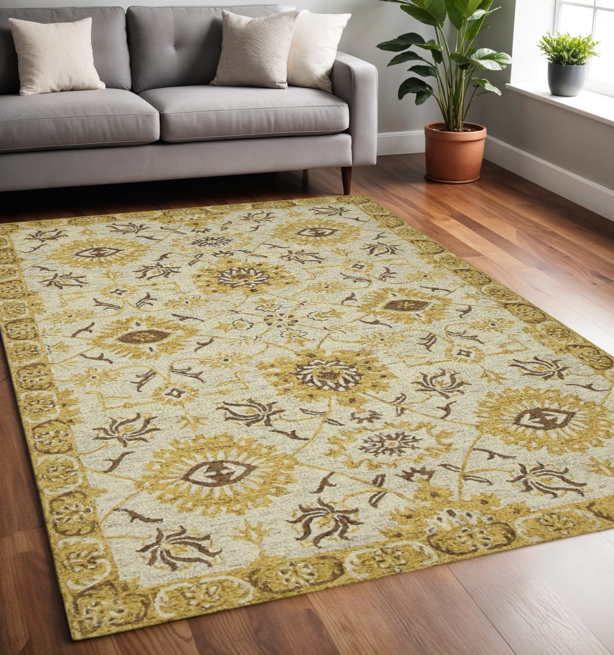 Gold Beige Brown Wool Floral Medallion Hand Hooked Area Rug, 5′ × 8′