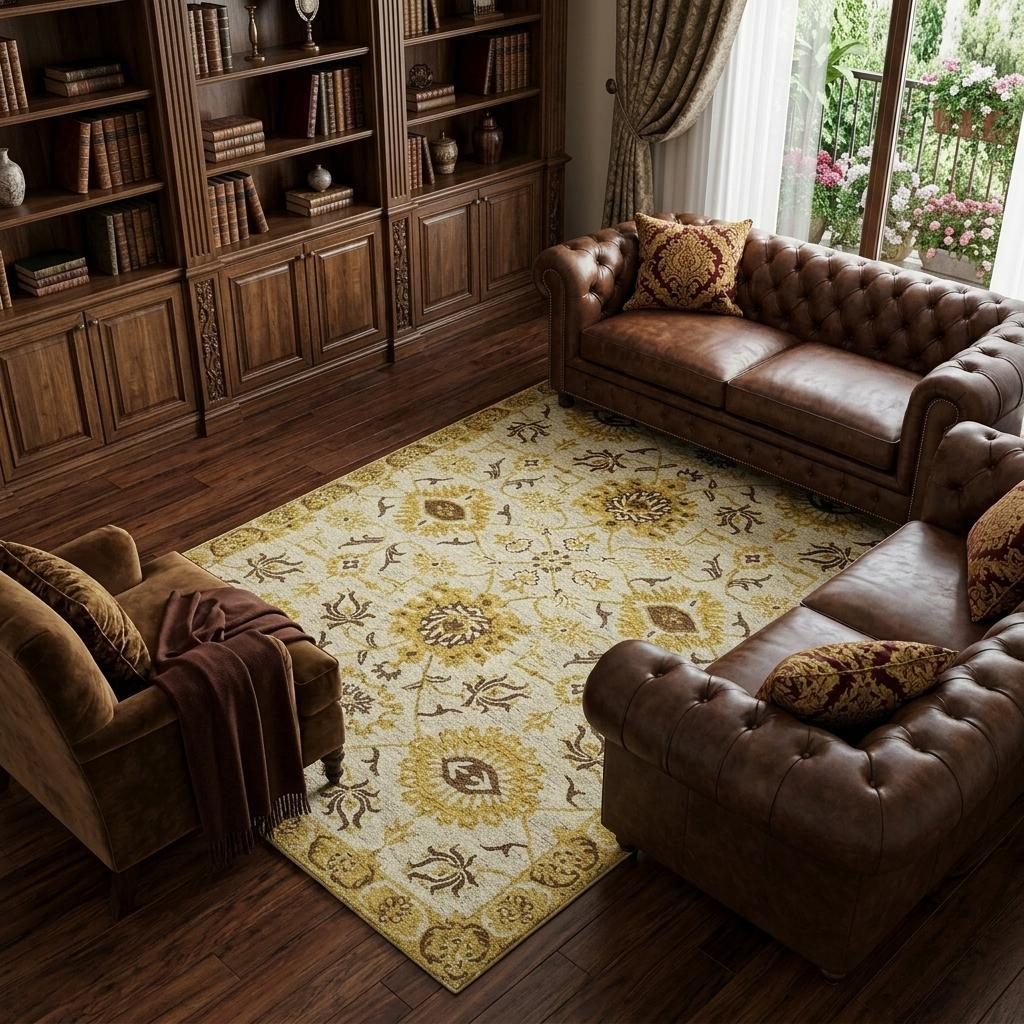 Gold Beige Brown Wool Floral Medallion Hand Hooked Area Rug, 8′ × 10′