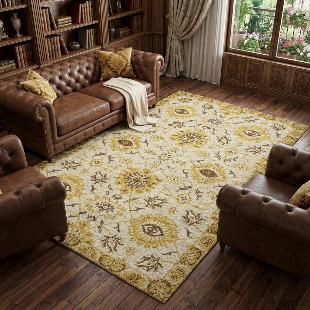 Gold Beige Brown Wool Floral Medallion Hand Hooked Area Rug, 9′ × 13′