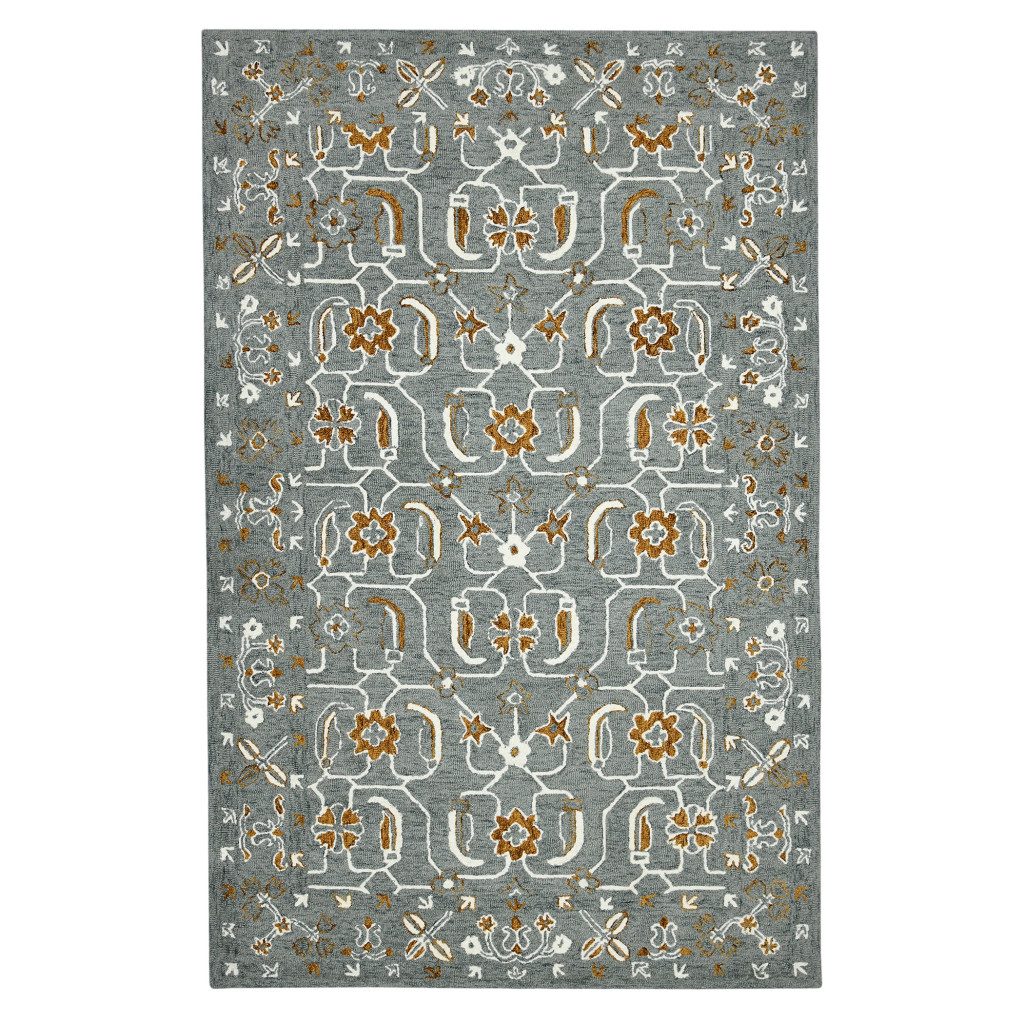 Orange Gray Ivory Floral Medallion Hand Hooked Wool Area Rug