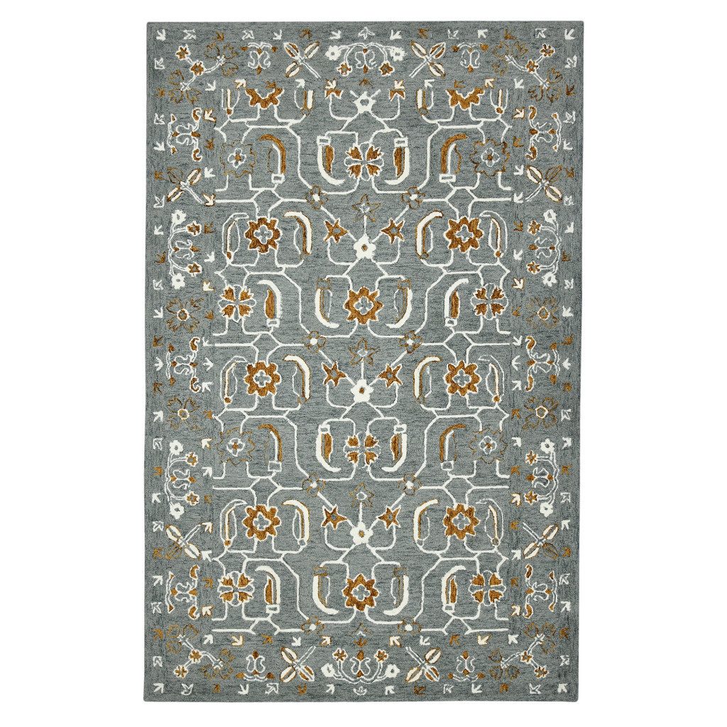 Orange Gray Ivory Floral Medallion Hand Hooked Wool Area Rug