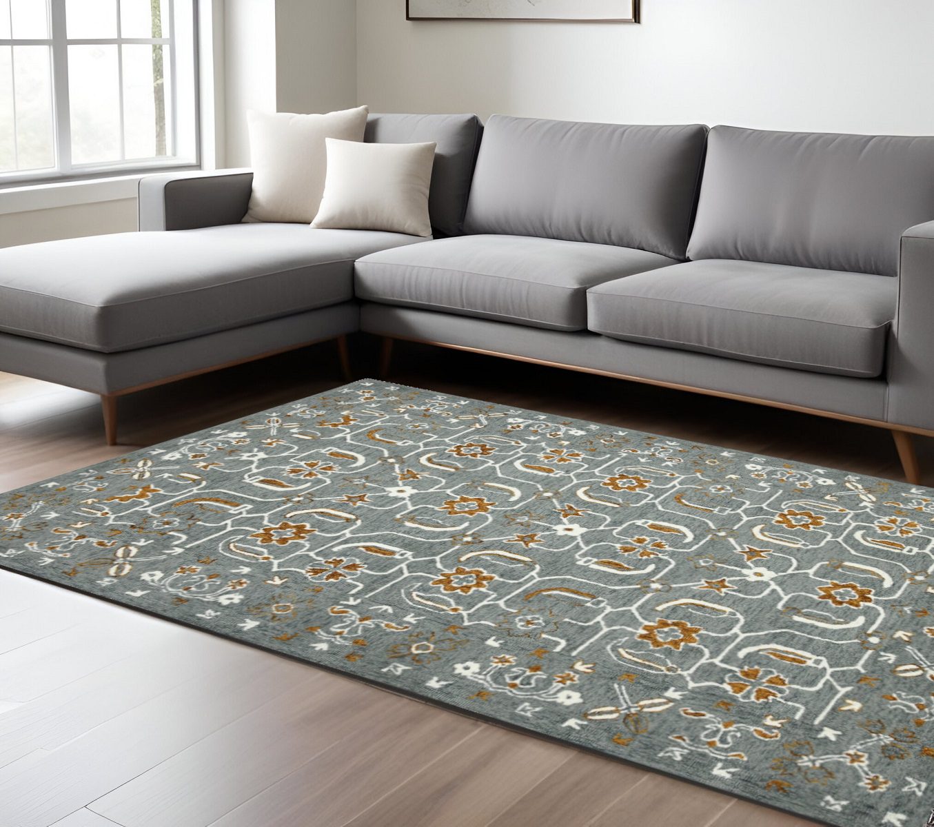 Orange Gray Ivory Floral Medallion Hand Hooked Wool Area Rug, 8′ × 10′