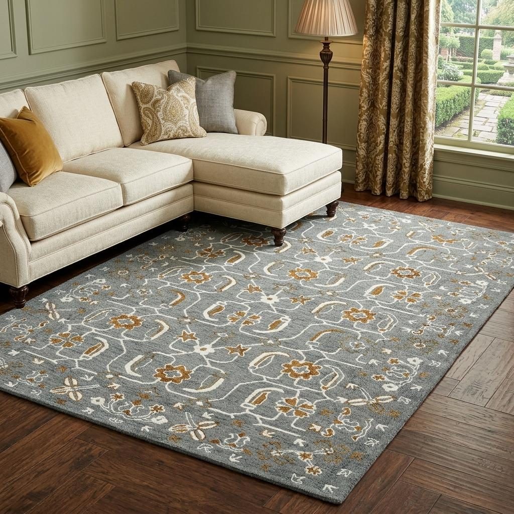 Orange Gray Ivory Floral Medallion Hand Hooked Wool Area Rug, 9′ × 13′
