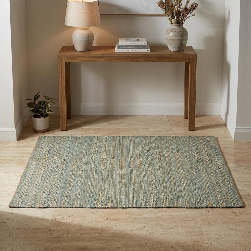 Aqua Beige and Brown Jute Striped Flatweave Area Rug, 3′ × 5′