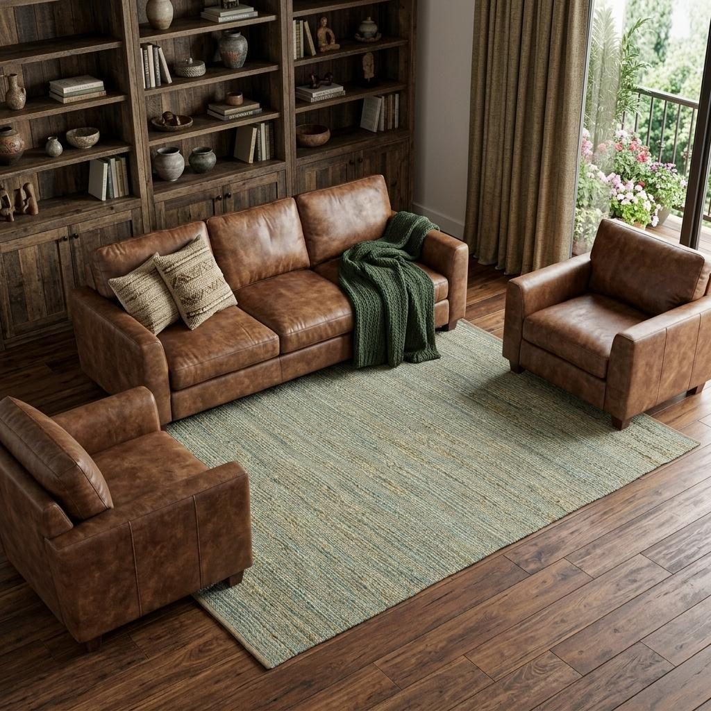 Aqua Beige and Brown Jute Striped Flatweave Area Rug, 8′ × 10′