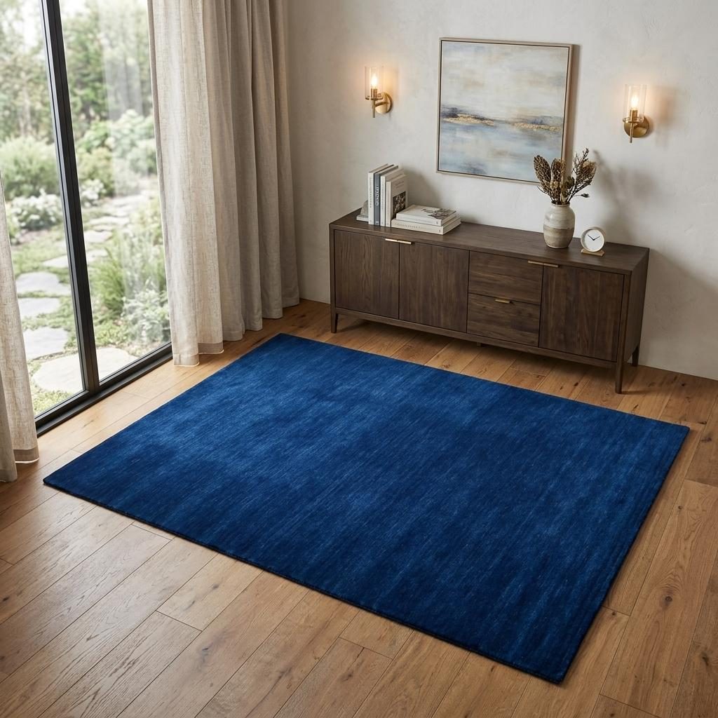 Navy Blue Hand Woven Wool Rectangle Area Rug, 4′ × 6′