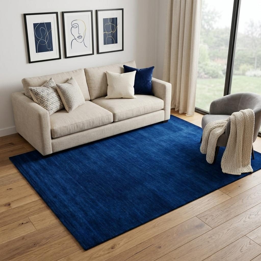 Navy Blue Hand Woven Wool Rectangle Area Rug, 5′ × 8′