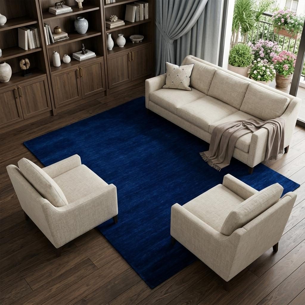 Navy Blue Hand Woven Wool Rectangle Area Rug, 9′ × 12′
