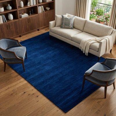 Navy Blue Hand Woven Wool Rectangle Area Rug