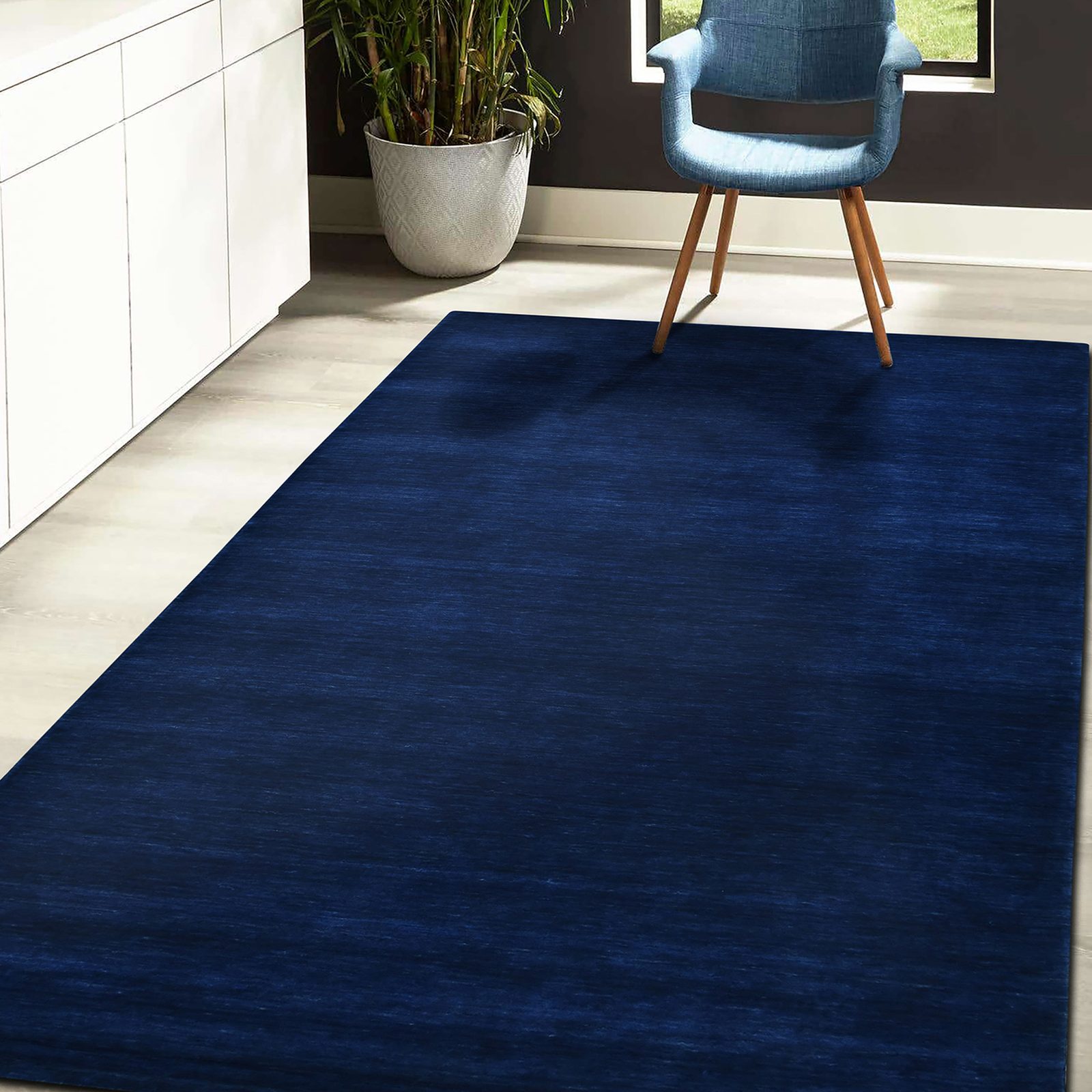 Navy Blue Hand Woven Wool Rectangle Area Rug