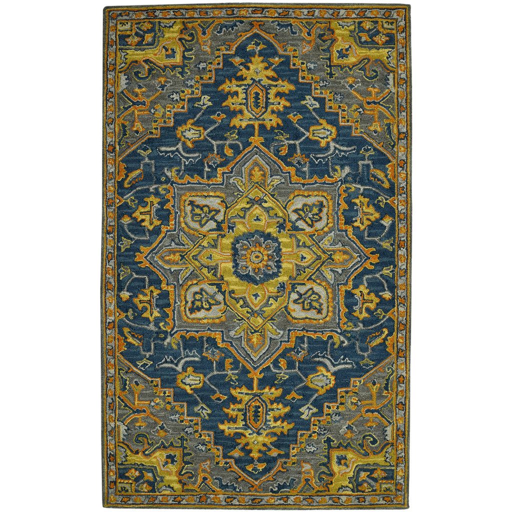 Blue Gray and Orange Wool Medallion Hand Tufted Area Rug