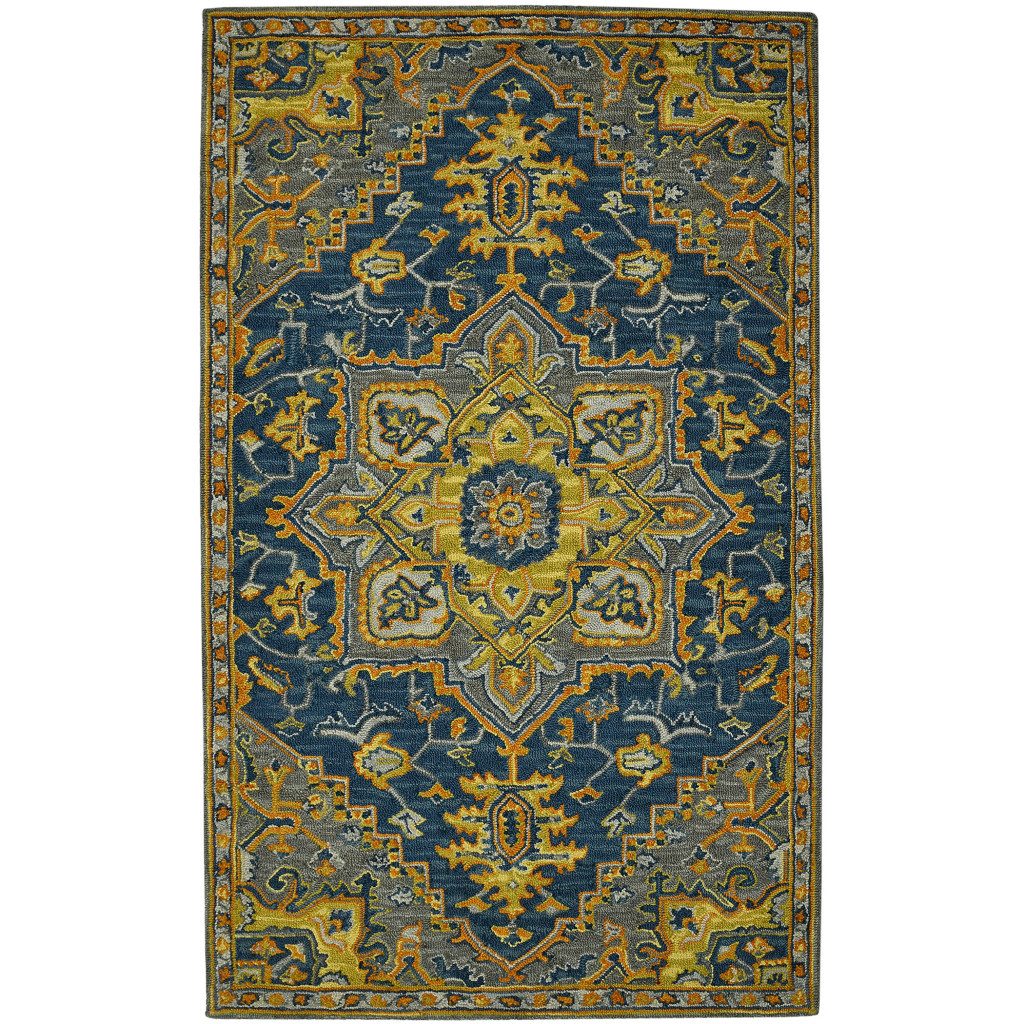 Blue Gray and Orange Wool Medallion Hand Tufted Area Rug